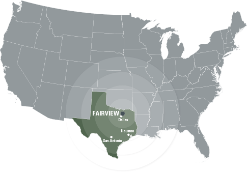 Map of US grayed out with a green Texas and a white dot near Dallas, TX where Fairview Texas is located.