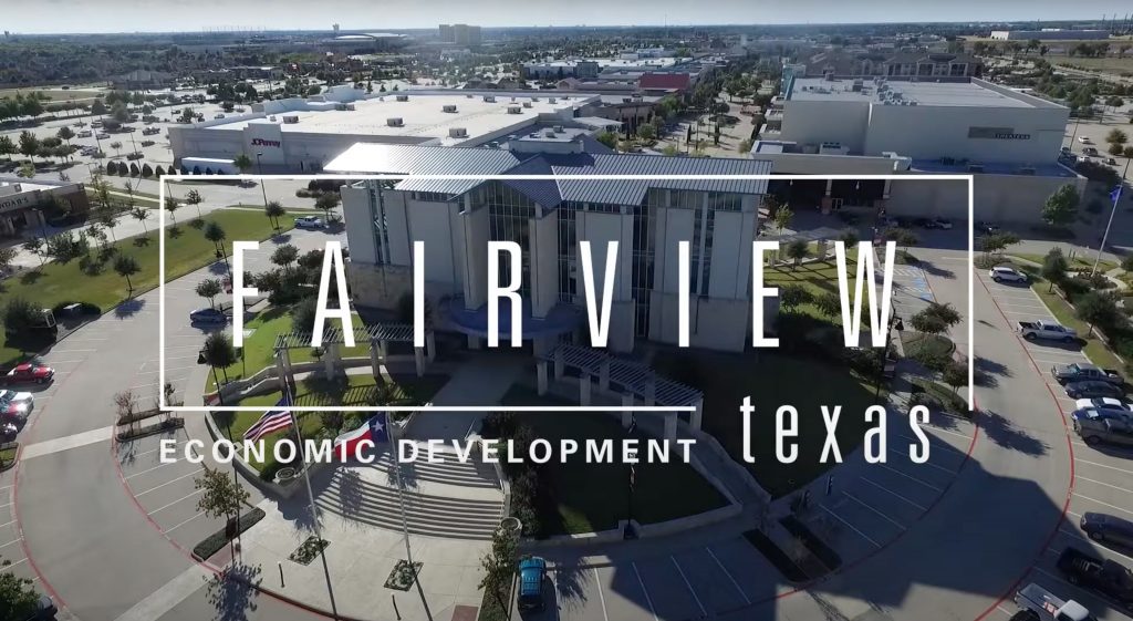 Aerial view of Fairview Town Center with an Fairview Economic Development Corporation logo overlay