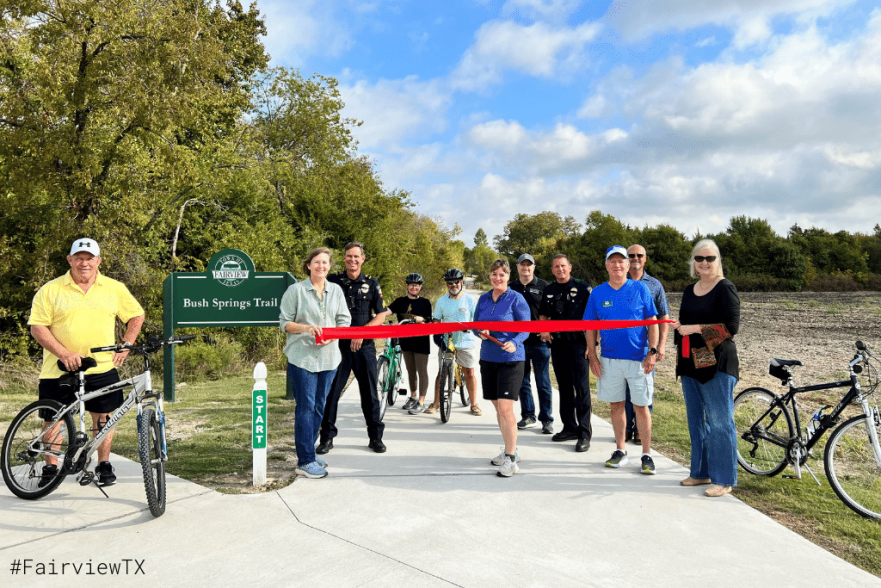 Bush Springs Trail Ribbon Cutting Fairview Texas Parks Board and Town Manager with Red Ribbon