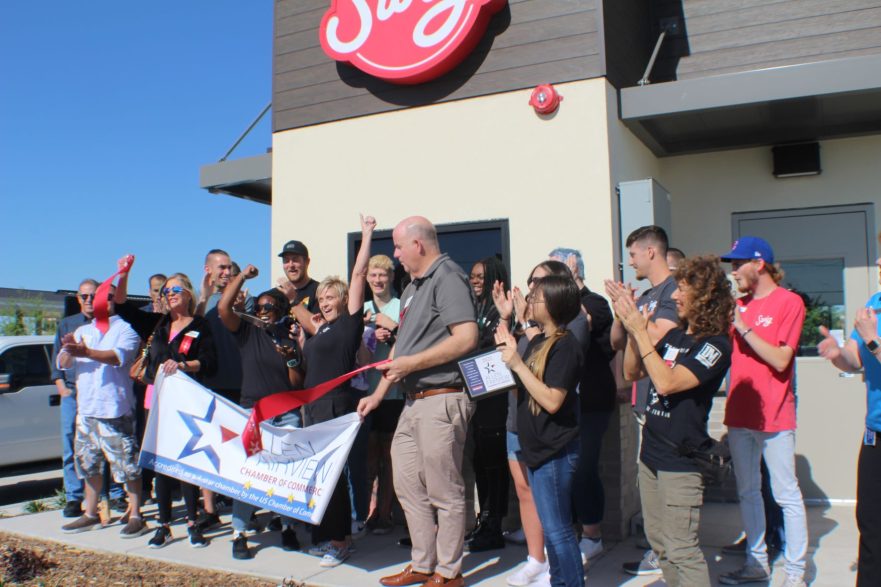 Ribbon cutting in Fairview Texas for Swig with Allen Fairview Chamber of Commerce Ambassadors and Swig employees