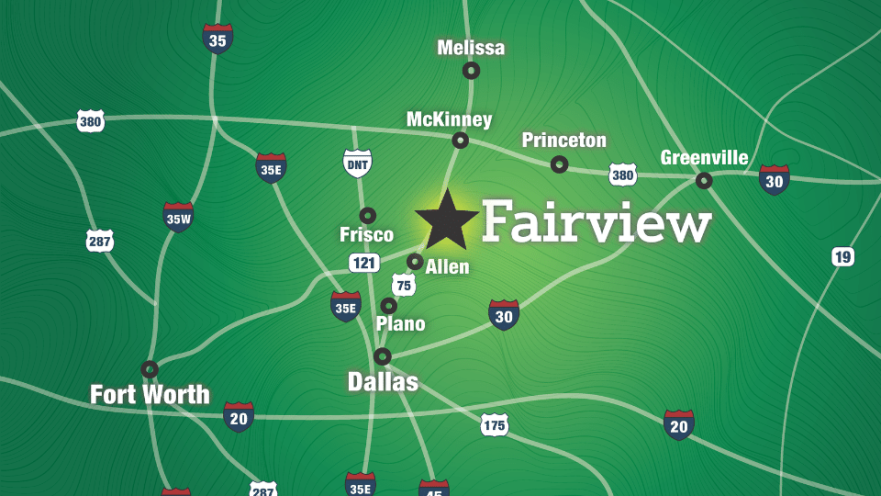 Map of DFW region with star where Fairview Texas is located