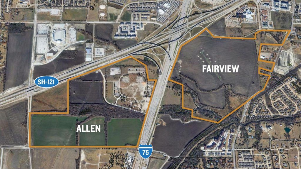 Aerial image showing Site of Billingsley Development in Fairview Texas at southeast corner of US 75 and SH121. 