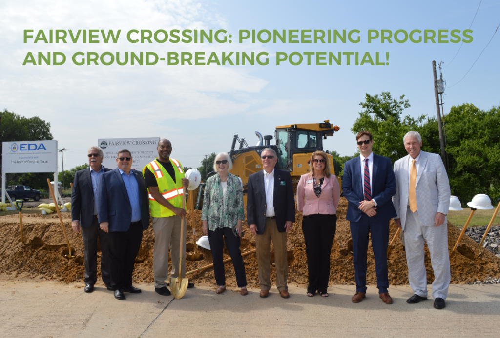 Groundbreaking officials in front of dirt and dozer in Fairview Texas