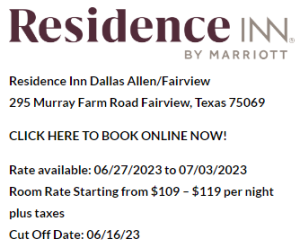 Residence Inn Dallas/Allen/Fairview logo located at 295 Murray Farm Road Fairview, TX 75069. Click here to book online, rate available June 27, 2023 - July 3, 2023.