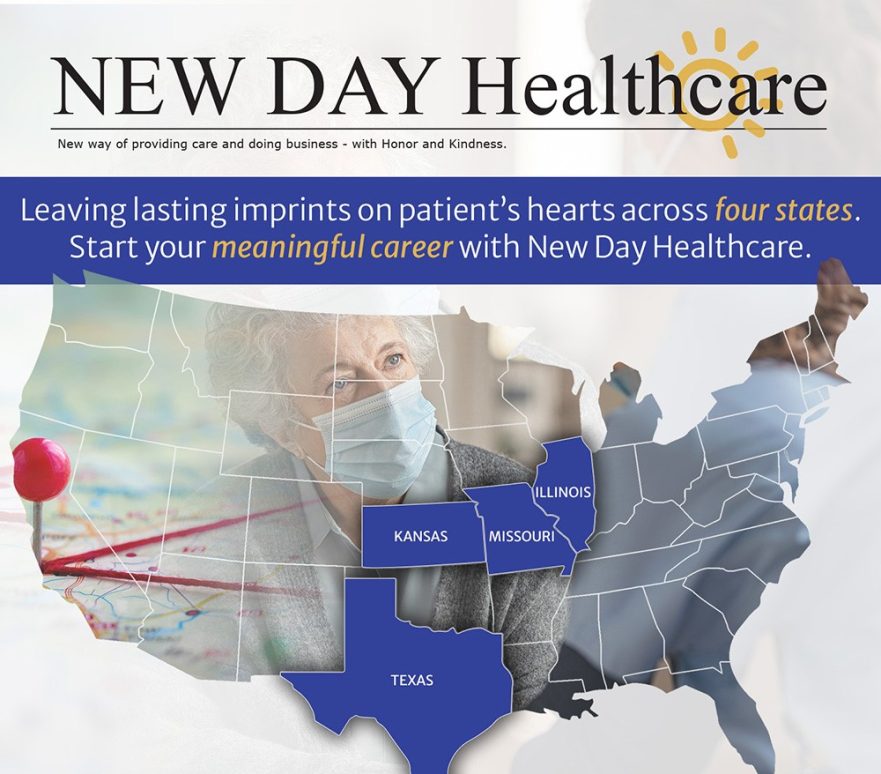US Map of New DAy Healthcare service area covering Texas Kansas Missouri and Illinois